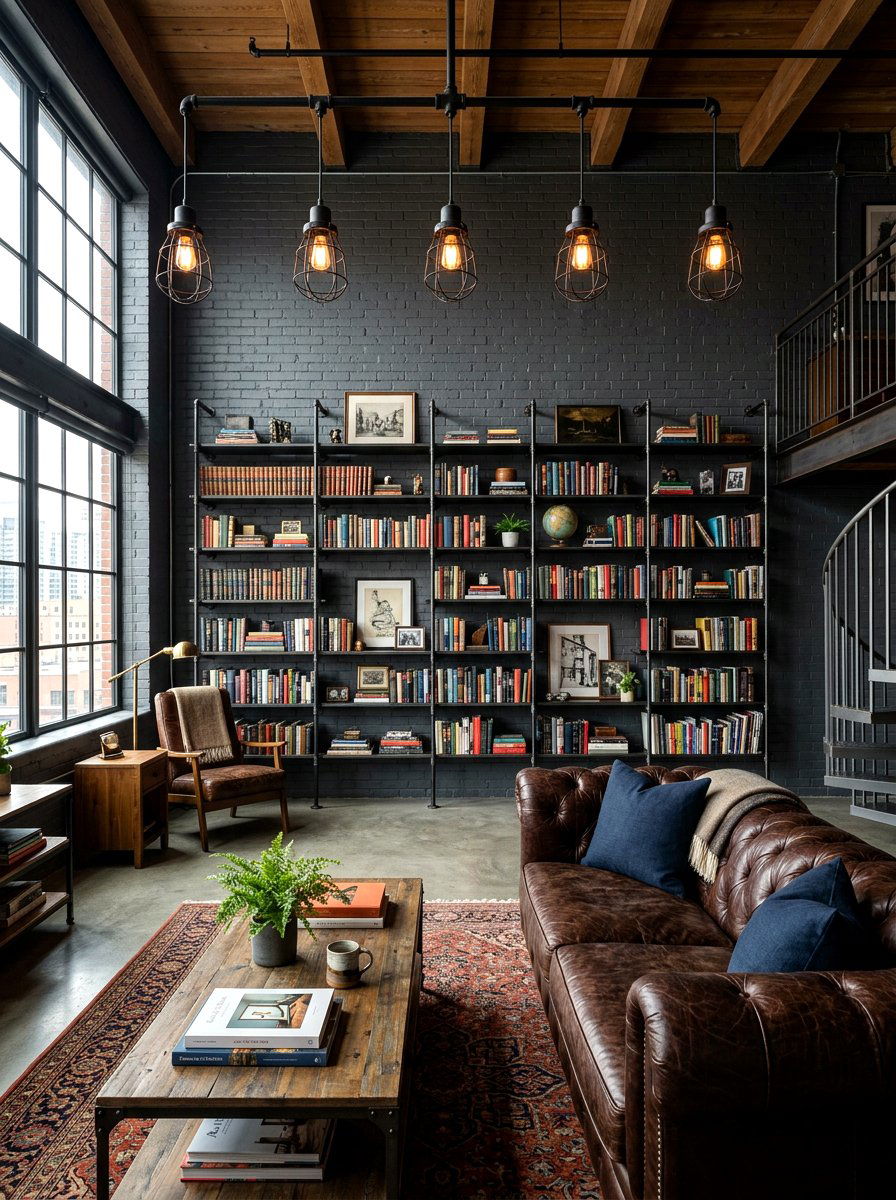 Industrial Moody Library Style - 30 moody library living room ideas