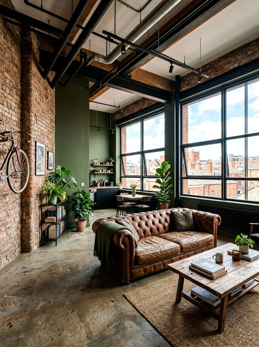 Industrial Olive Green Loft - 30 deep olive lounge ideas