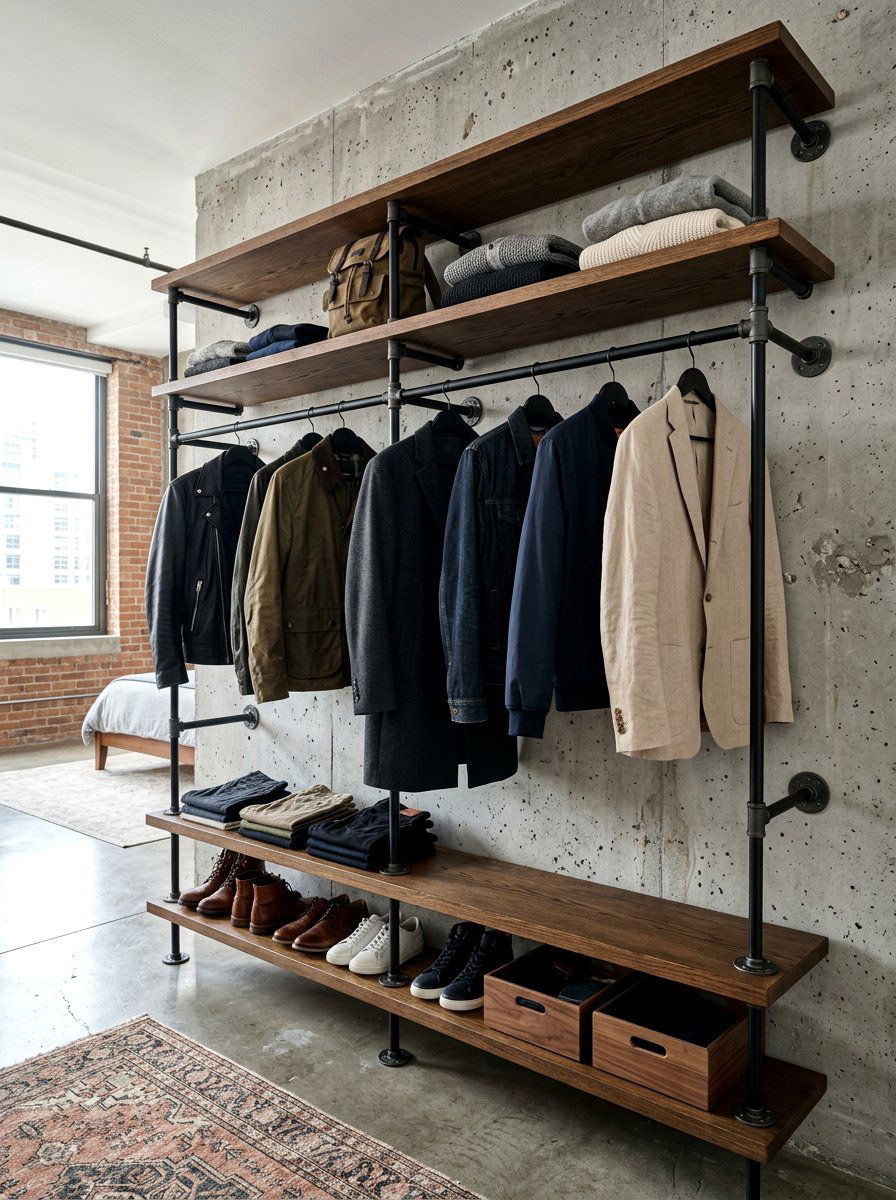 Industrial Open Pipe Closet - 30 coat closet organization ideas