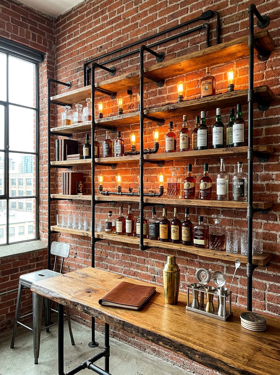 Industrial Pipe Bar Shelving - 30 cocktail corner ideas