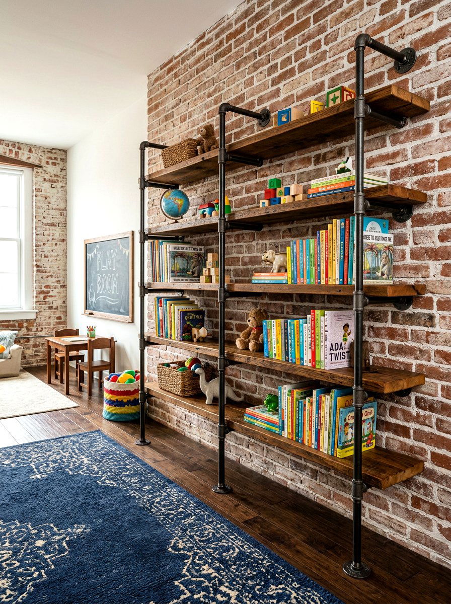 Industrial Pipe Book Rack - 30 playroom bookshelf ideas