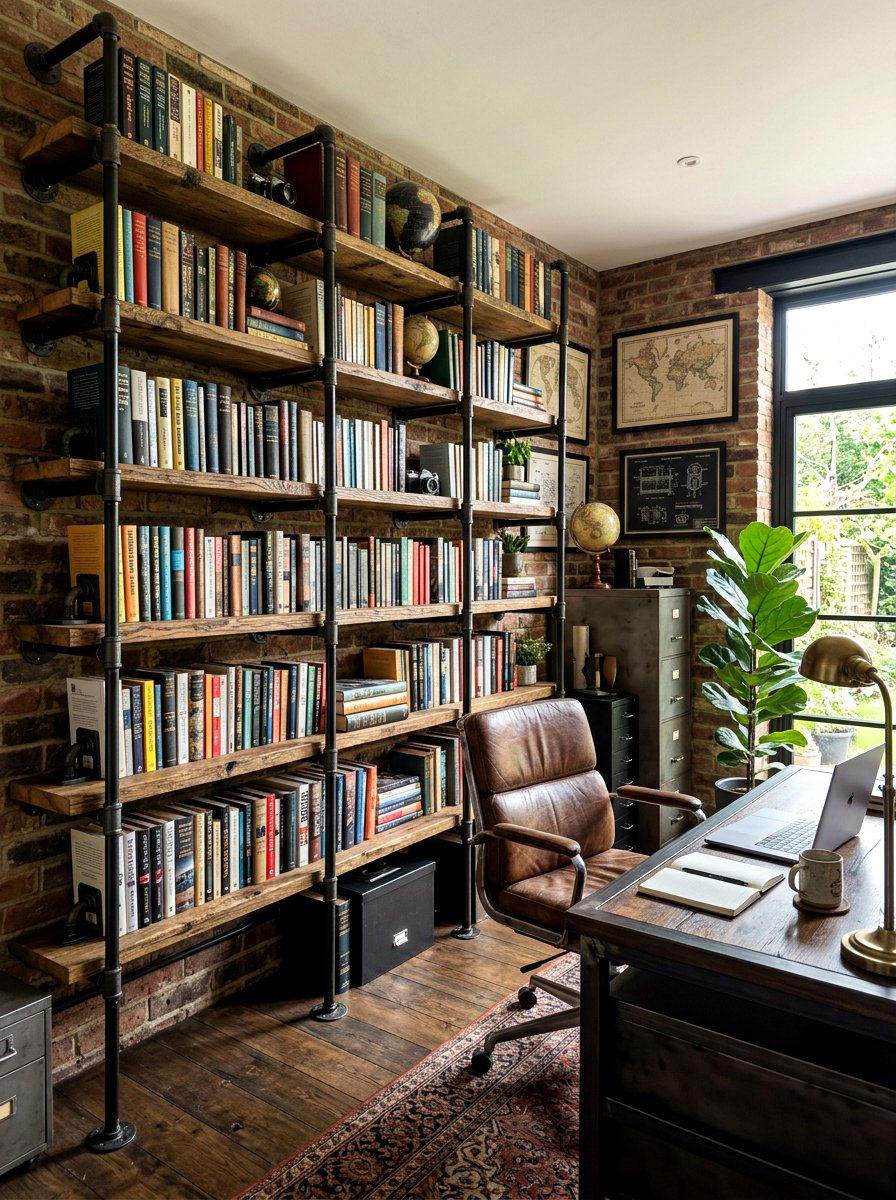 Industrial Pipe Bookshelf - 30 reclaimed material decor ideas