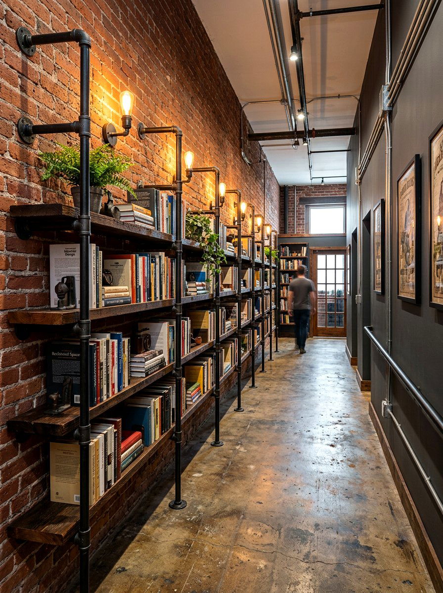 Industrial Pipe Bookshelf Hallway - 30 reading hallway ideas