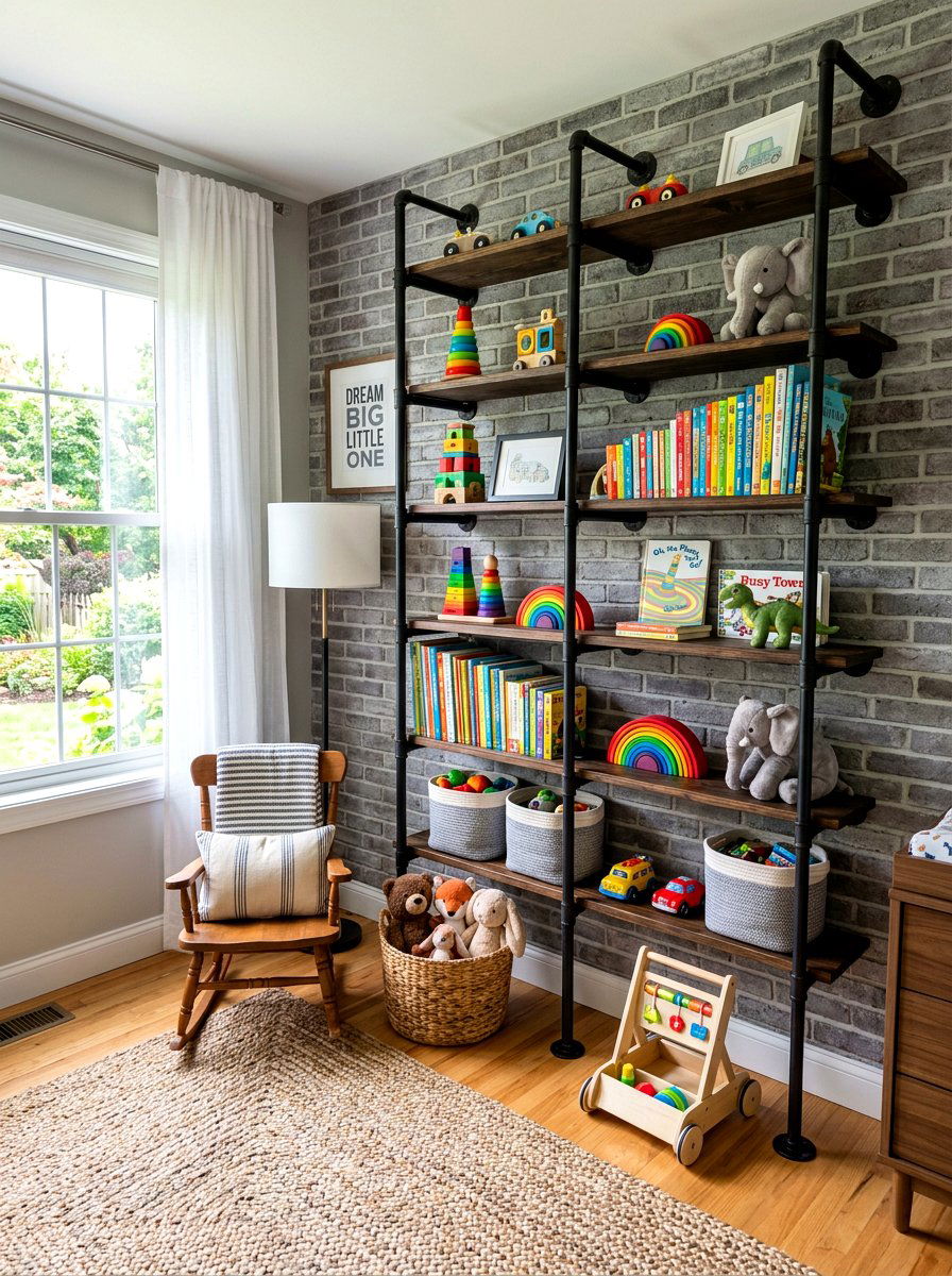 Industrial Pipe Bookshelves Nursery - 30 nursery library wall ideas