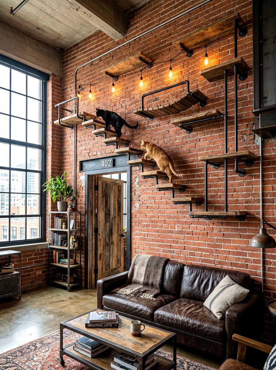 Industrial Pipe Cat Steps - 30 cat climbing wall aesthetic ideas