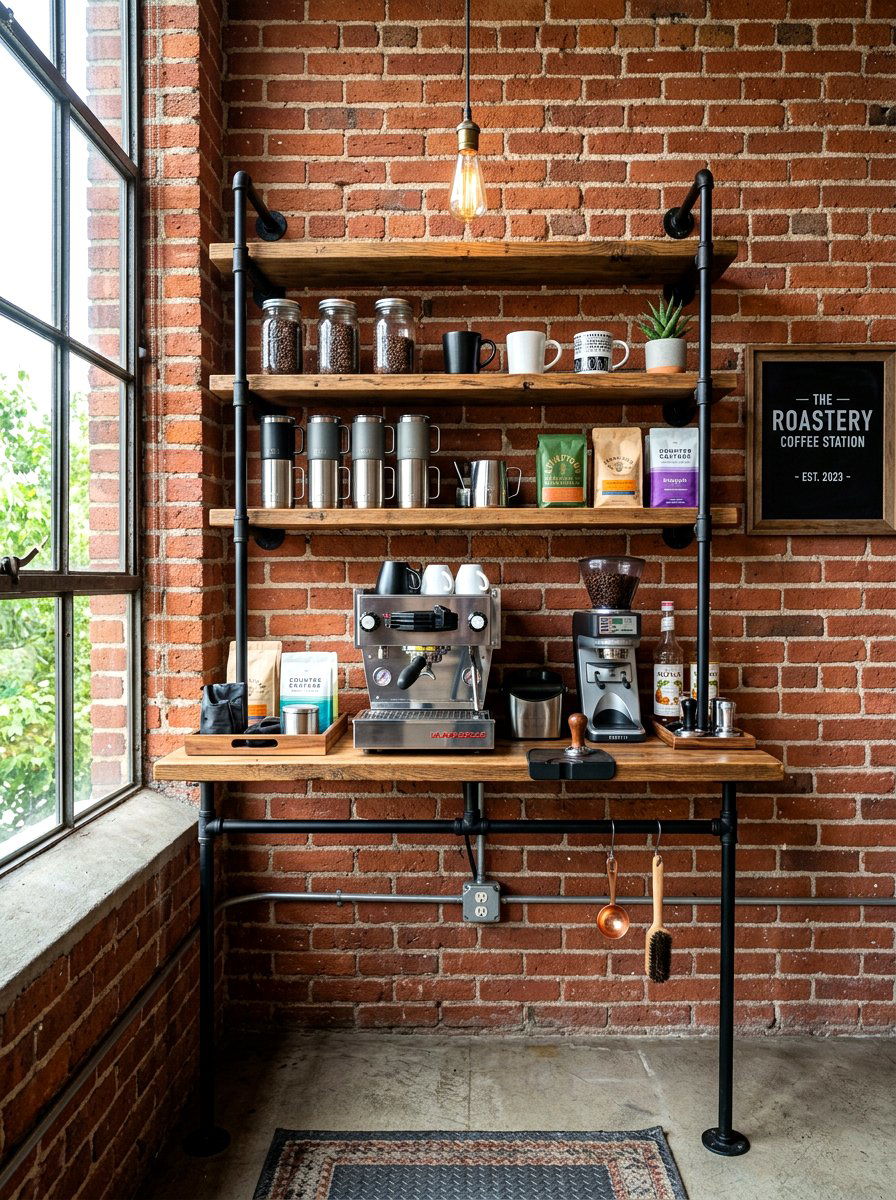 Industrial Pipe Coffee Nook - 30 coffee station shelf styling ideas