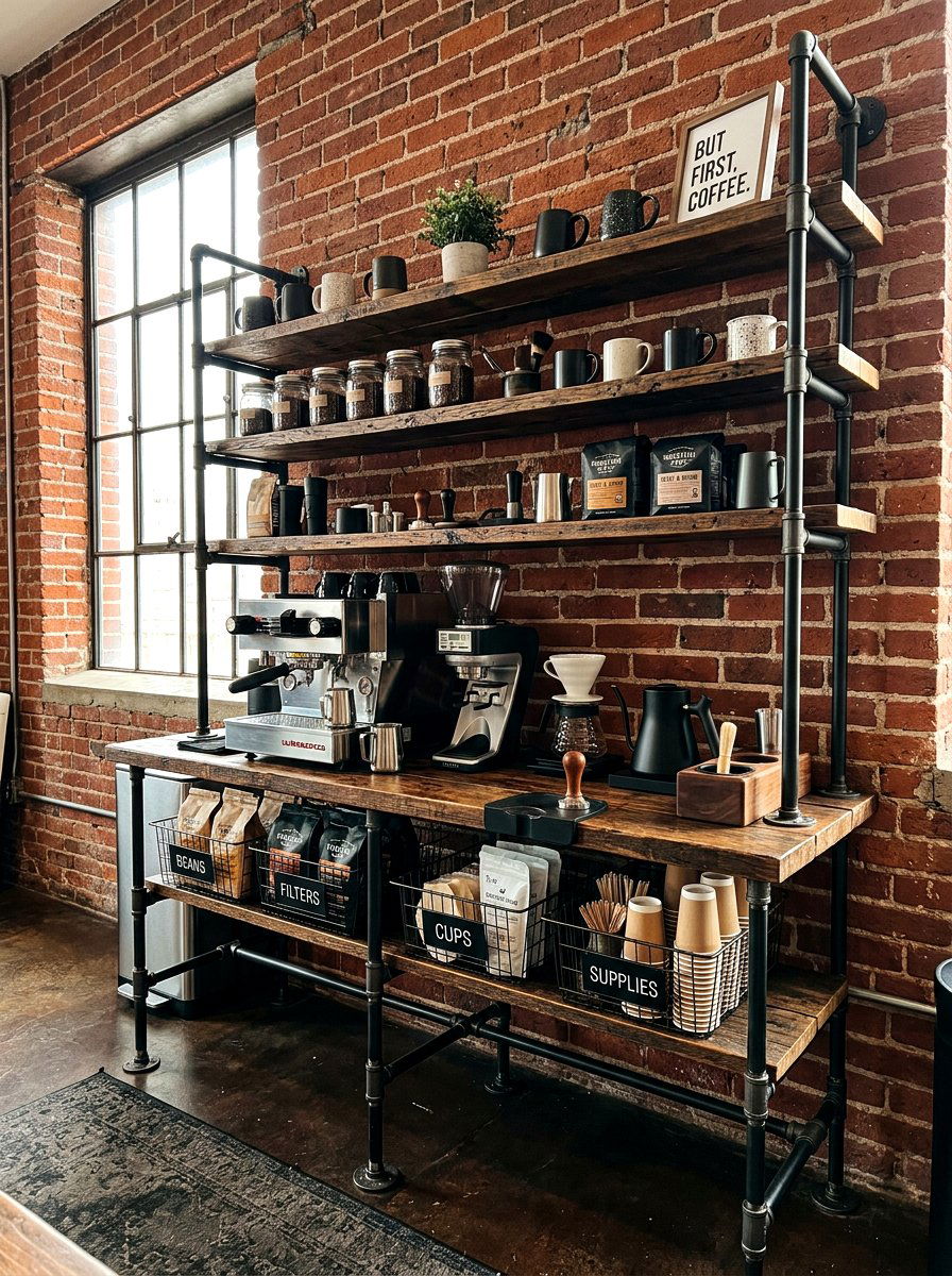 Industrial Pipe Coffee Station - 30 coffeehouse kitchen corner ideas