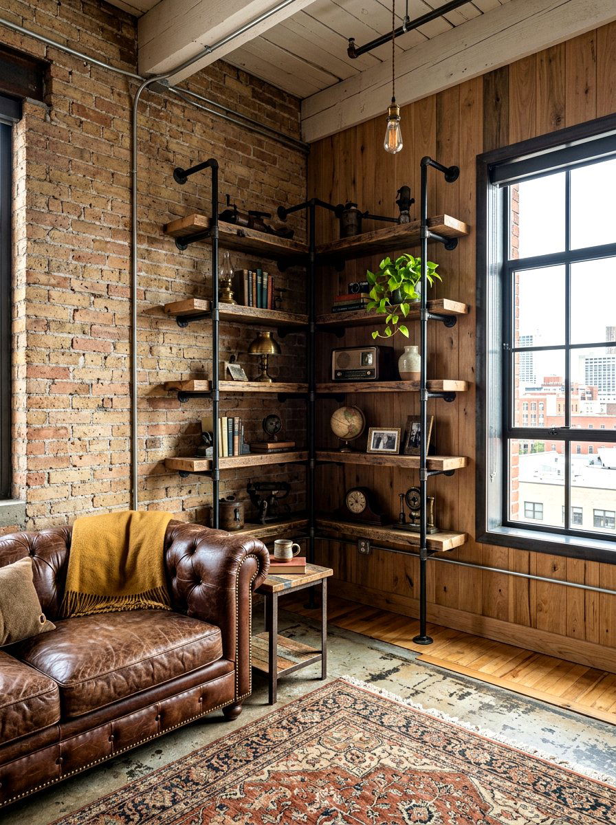 Industrial Pipe Corner Shelf - 30 living room corner shelf ideas
