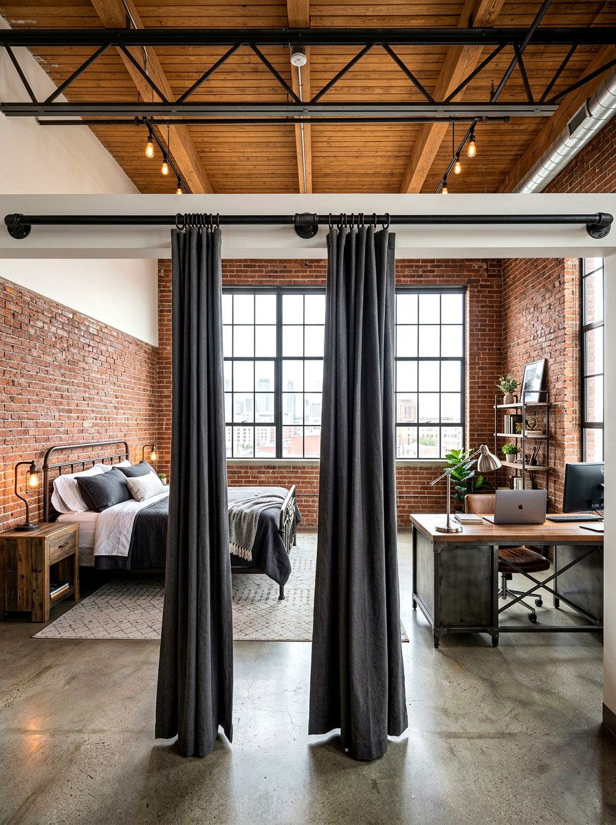 Industrial Pipe Curtain Rod - 30 curtain divider apartment ideas