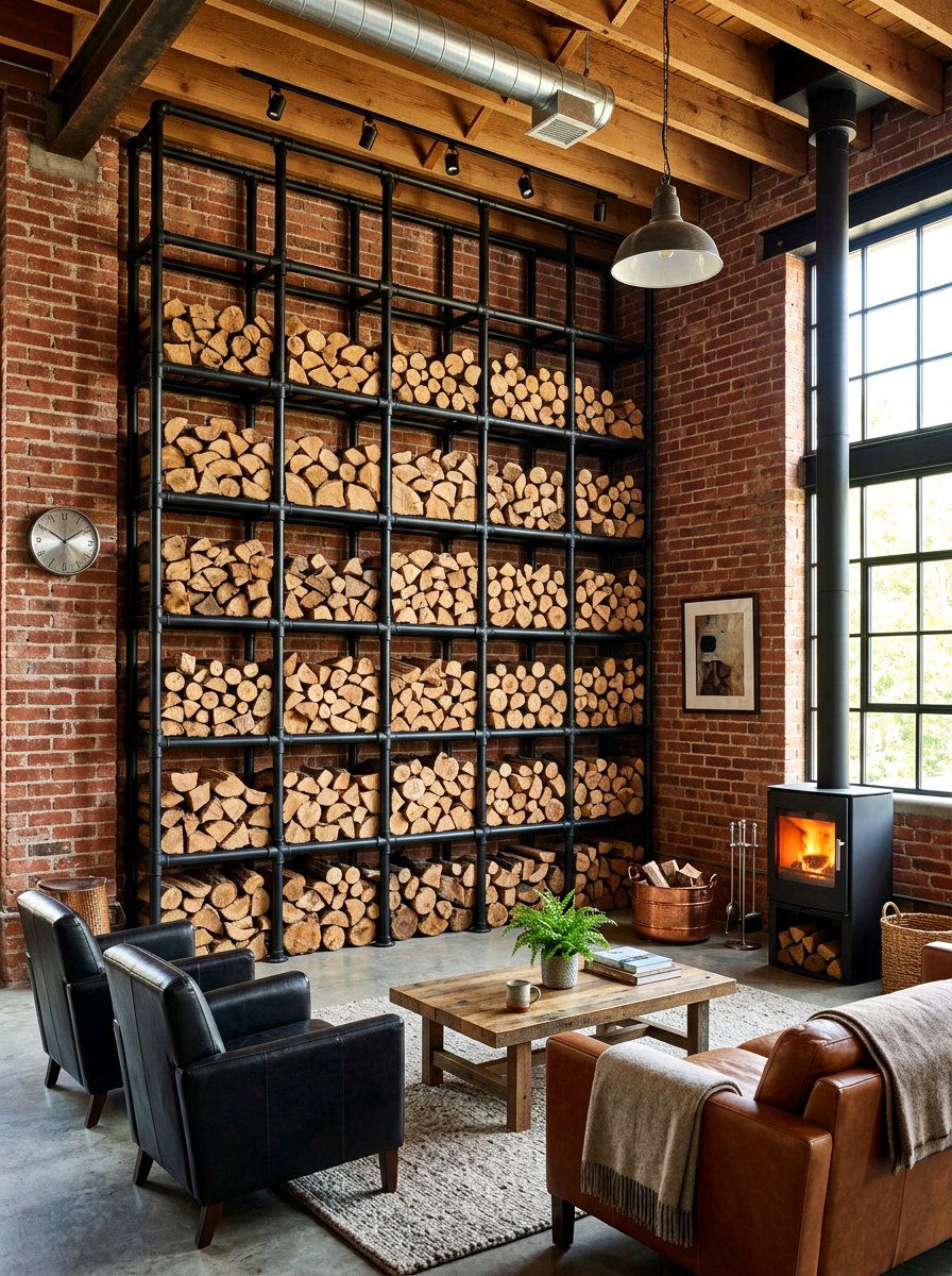 Industrial Pipe Firewood Wall - 30 firewood storage wall ideas