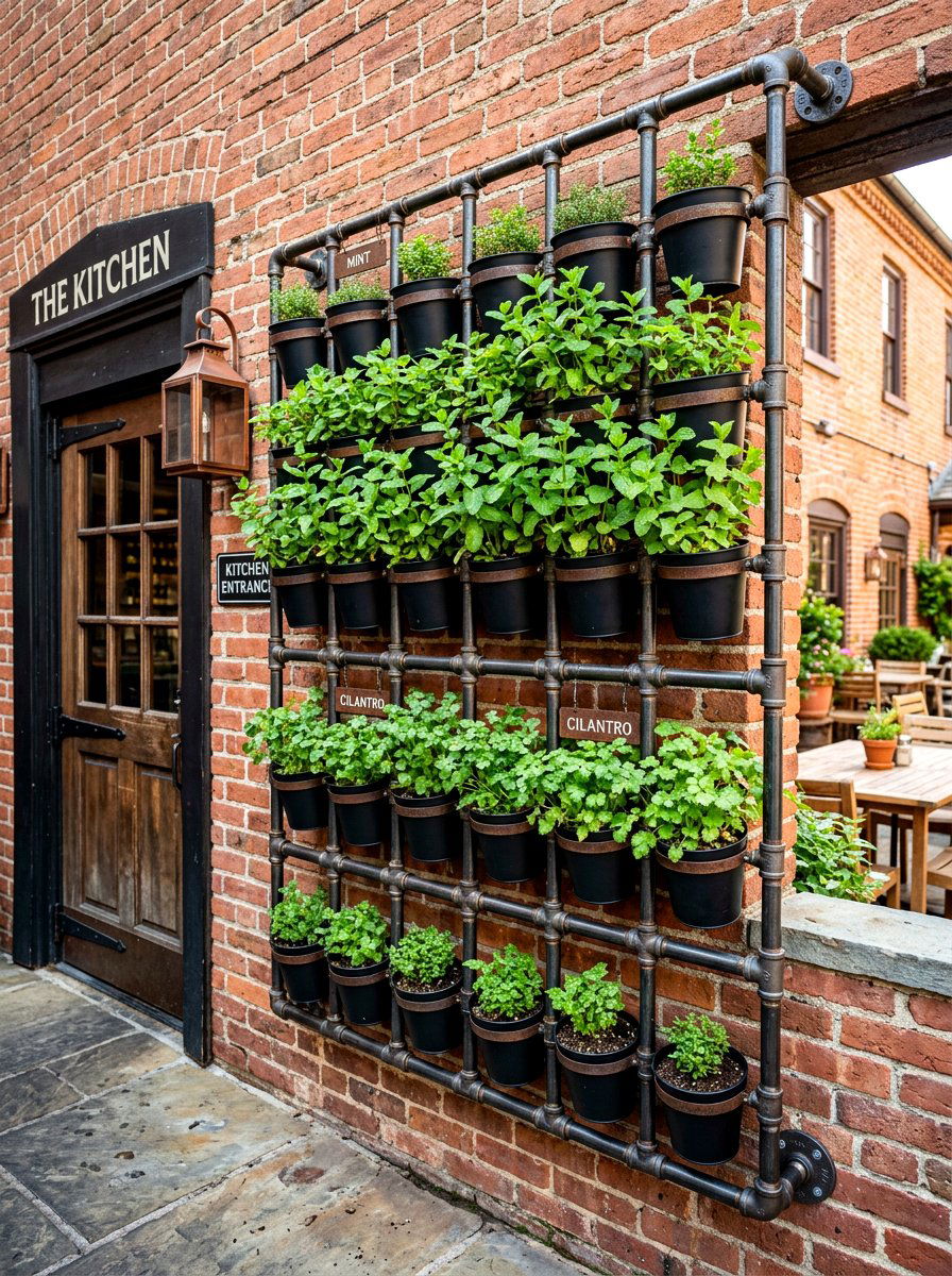 Industrial Pipe Herb Wall - 30 rustic vertical garden ideas