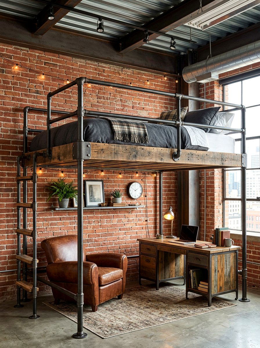 Industrial Pipe Loft Bed - 30 loft bed studio apartment ideas