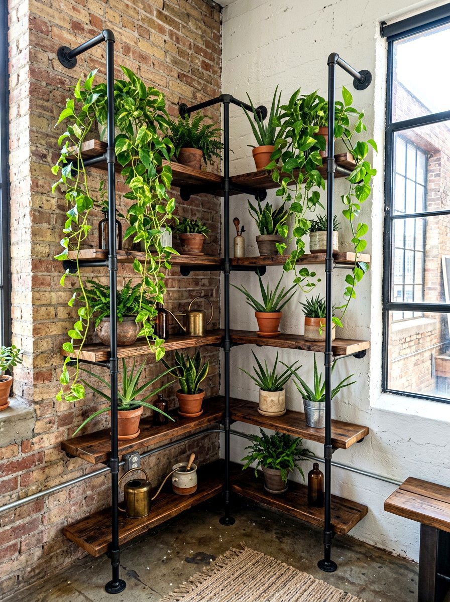 Industrial Pipe Plant Rack - 30 vertical garden corner ideas