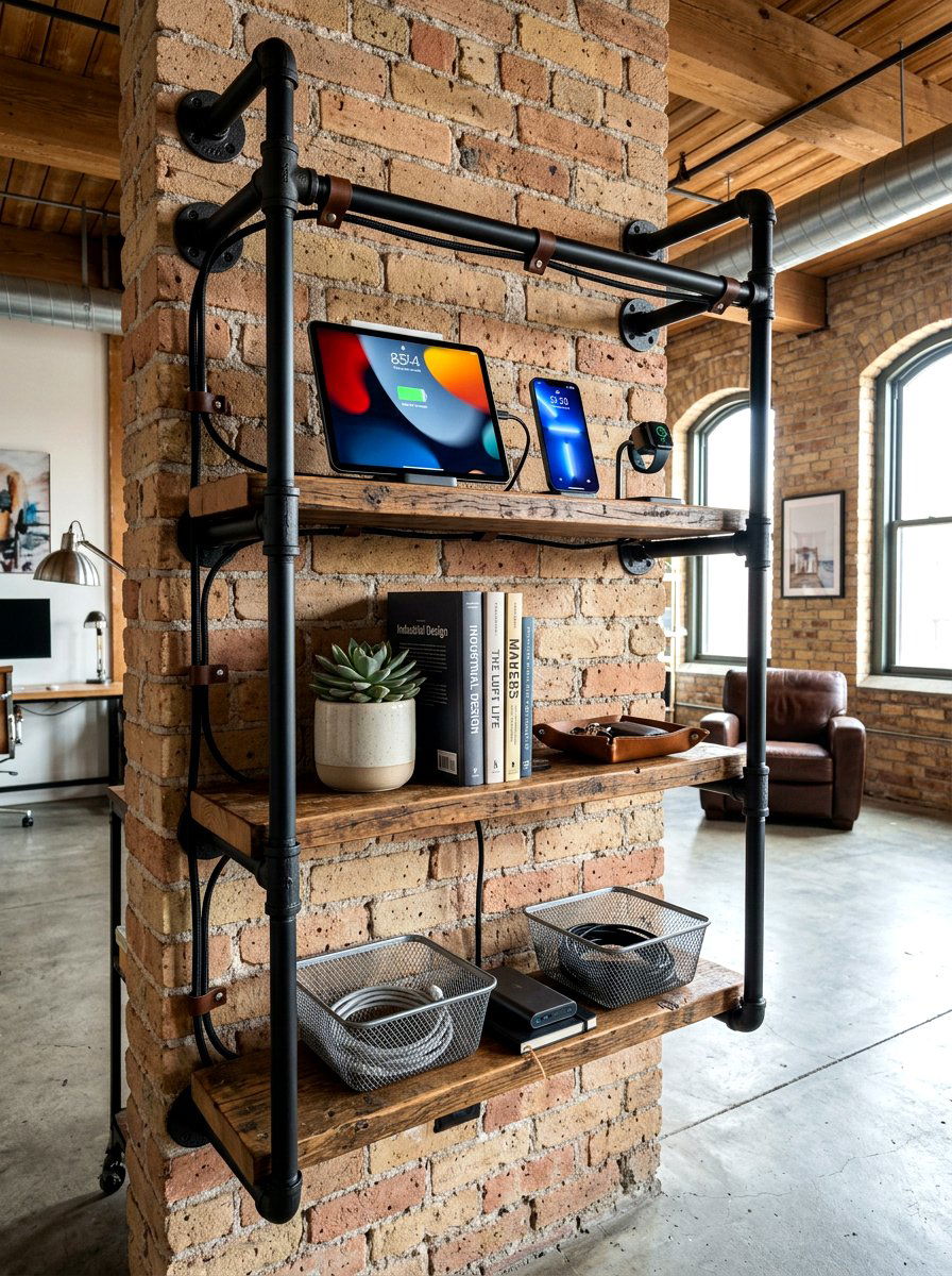 Industrial Pipe Shelf Charging Station - 30 charging station entryway ideas