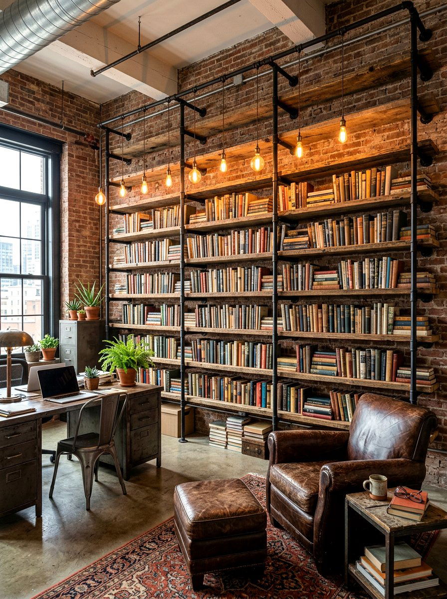 Industrial Pipe Shelf Library - 30 office reading corner ideas