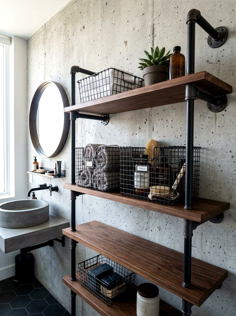 Industrial Pipe Shelf Wire Bin - 30 bathroom basket storage ideas