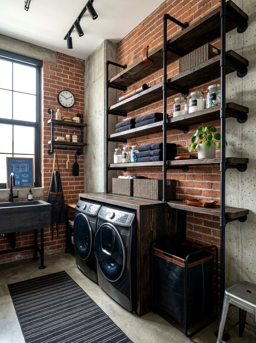 Industrial Pipe Shelves - 30 laundry room wall decor ideas