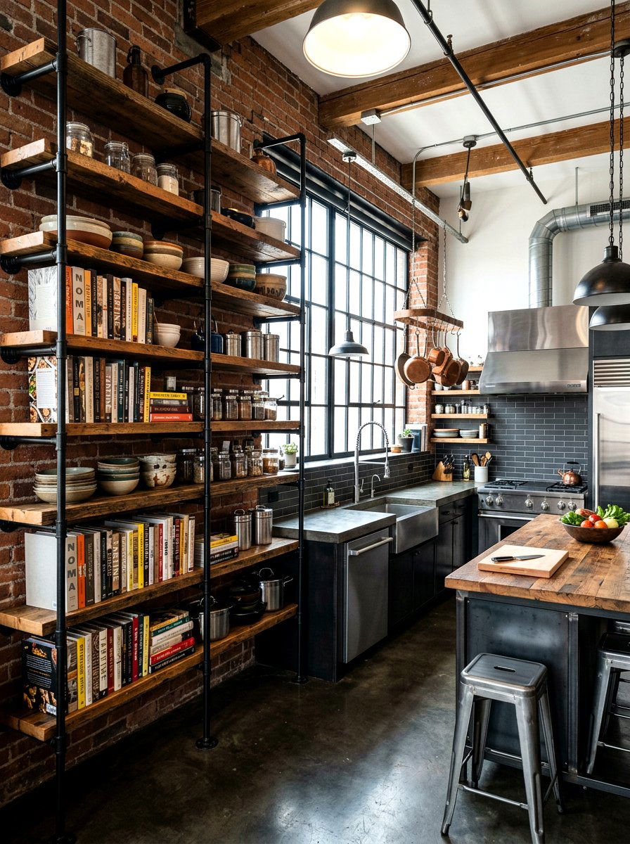 Industrial Pipe Shelves - 30 cookbook display kitchen ideas