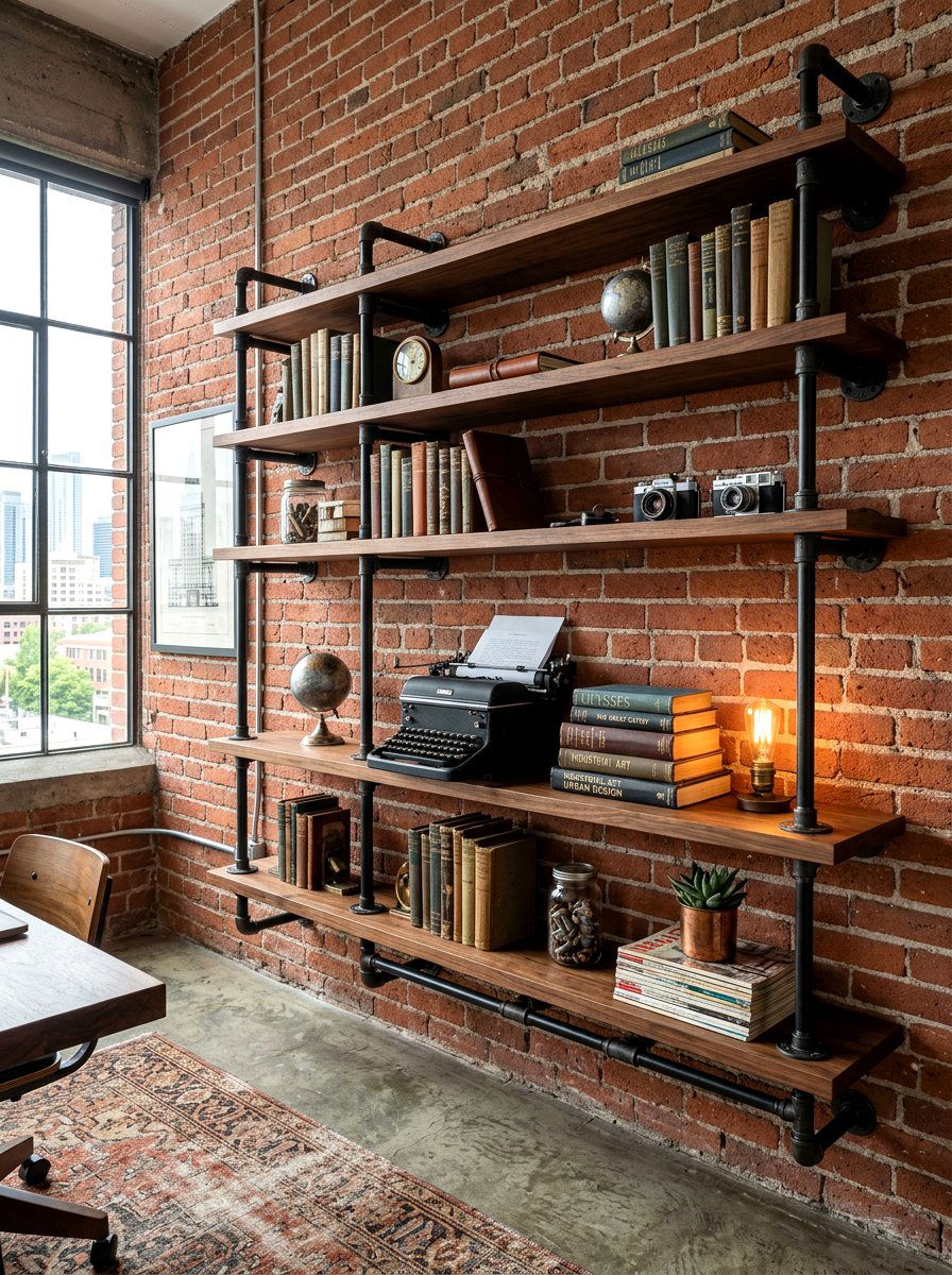 Industrial Pipe Shelving - 30 office backdrop shelf ideas