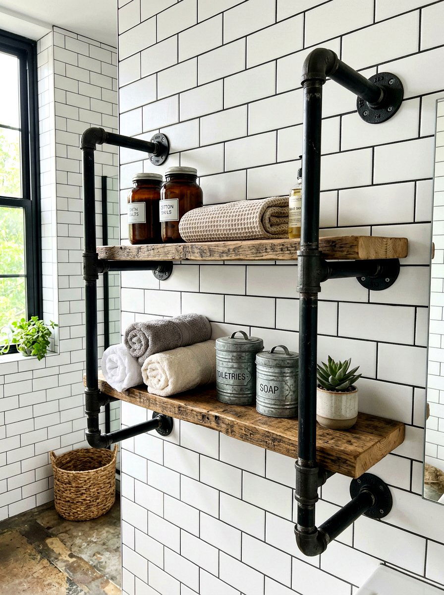 Industrial Pipe Shelving - 30 tiny apartment bathroom ideas