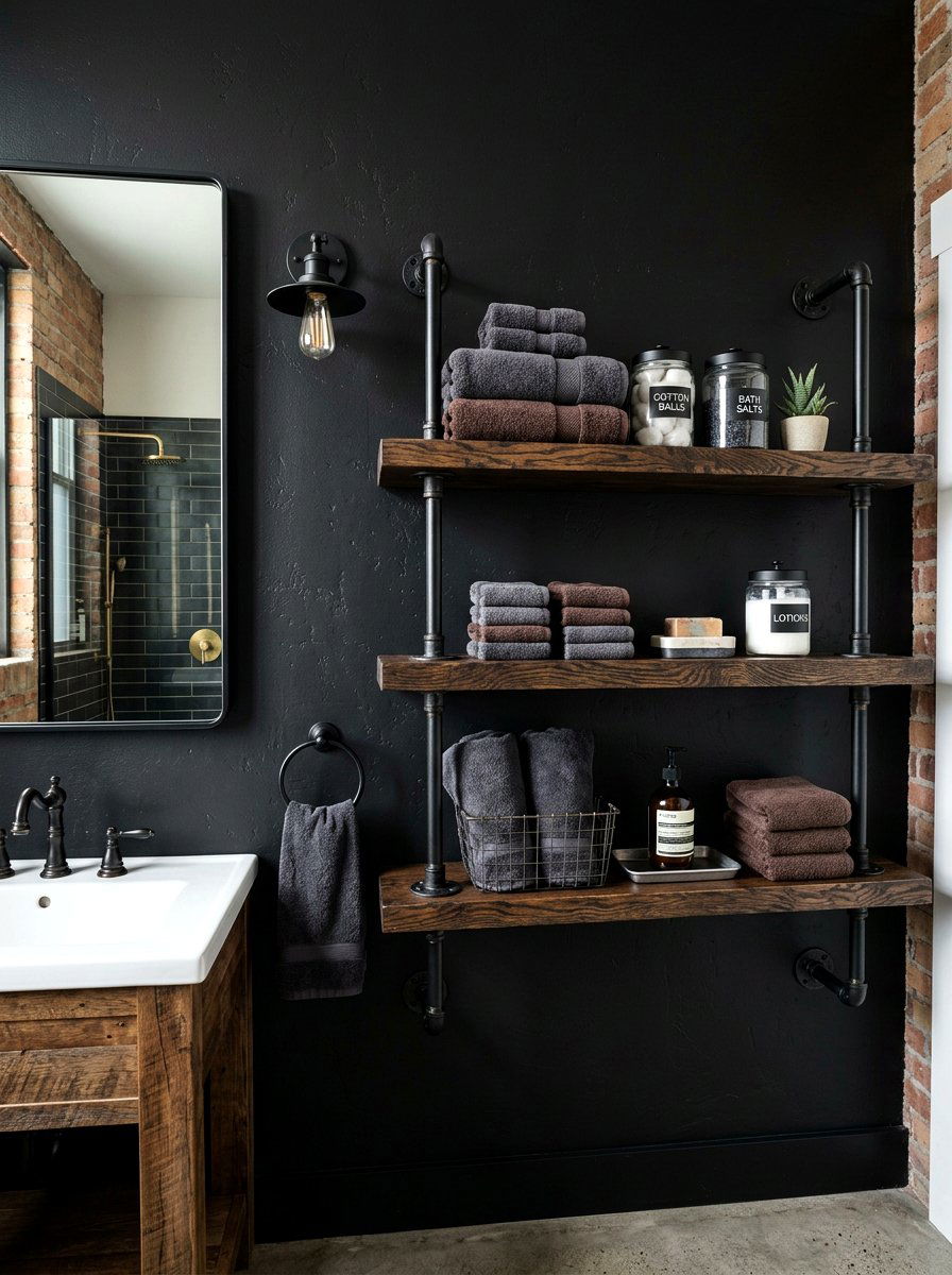 Industrial Pipe Shelving - 30 tiny bathroom storage ideas