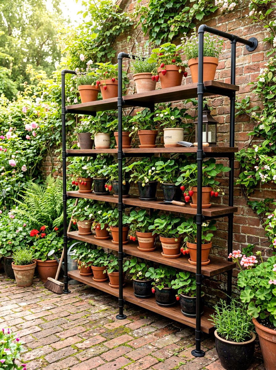 Industrial Pipe Shelving Garden - 30 vertical strawberry garden ideas