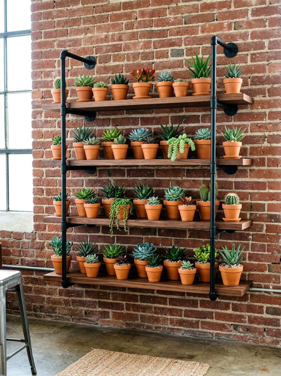 Industrial Pipe Succulent Shelf - 30 indoor succulent garden ideas