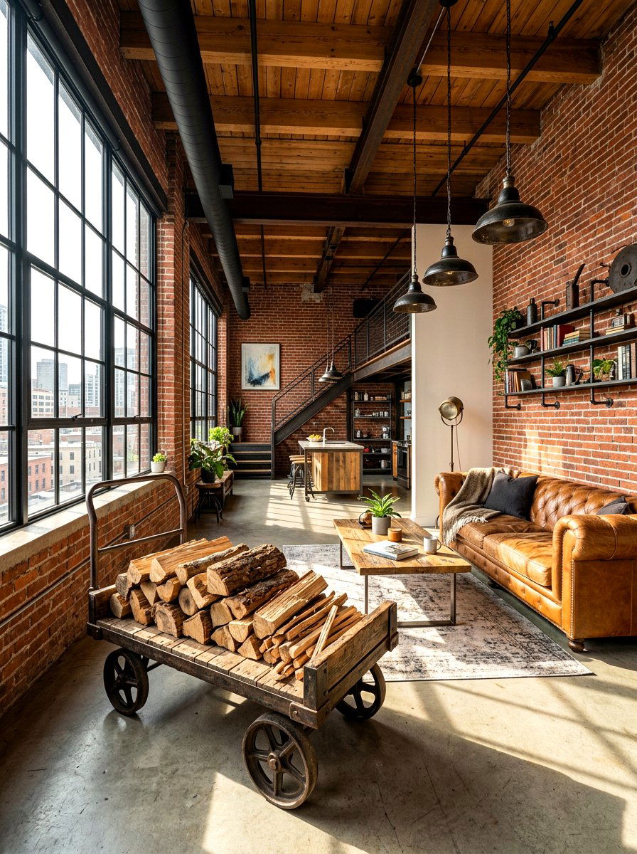 Industrial Rolling Wood Cart - 30 fireplace wood basket ideas