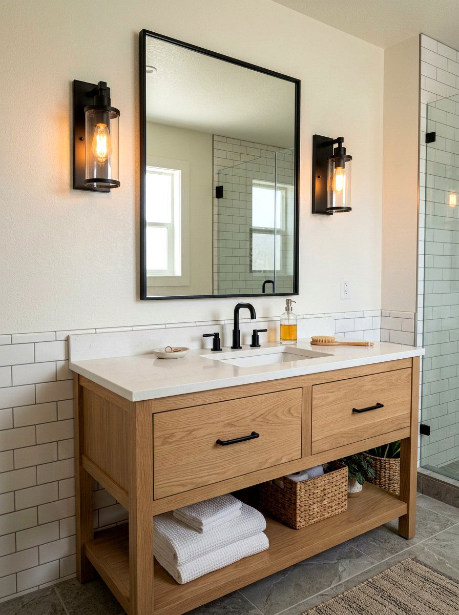 Industrial Sconce Lighting - 30 cottage farmhouse bathroom ideas
