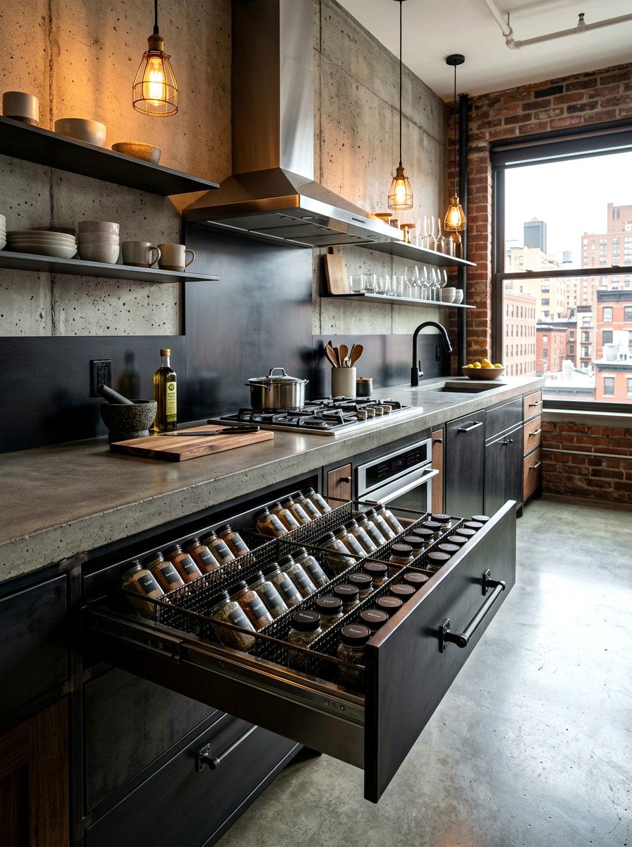 Industrial Spice Drawer - 30 spice drawer ideas