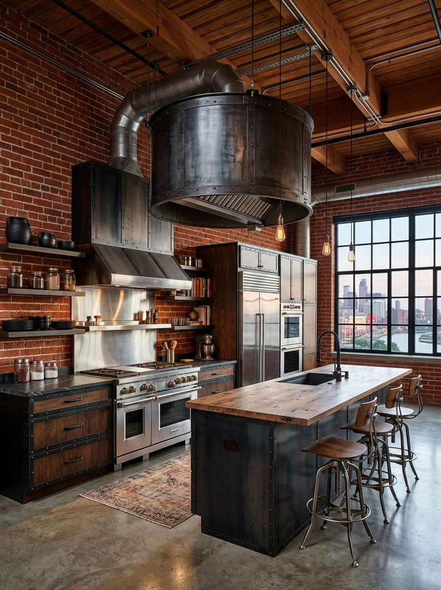 Industrial Steel Circular Hood - 30 rounded kitchen hood ideas
