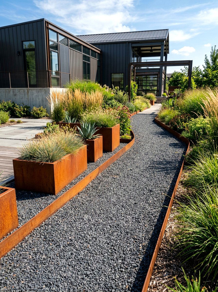 Industrial Steel Edged Gravel - 30 front garden path ideas