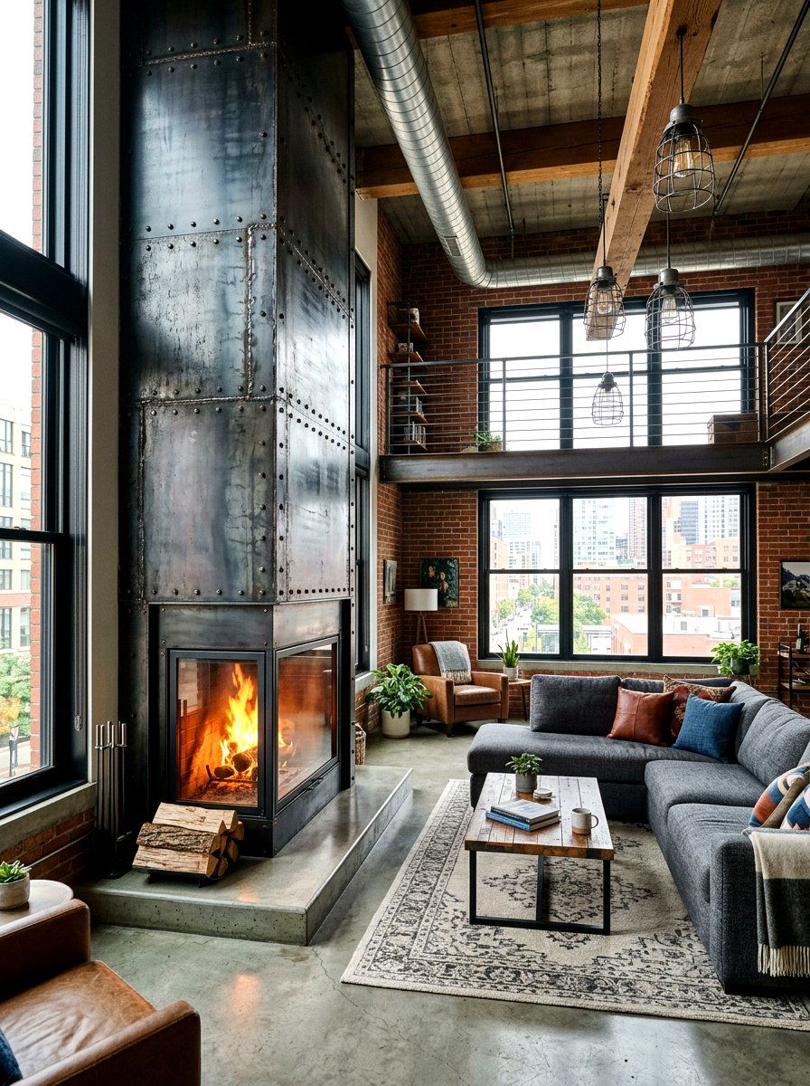 Industrial Steel Fireplace - 30 family room fireplace ideas