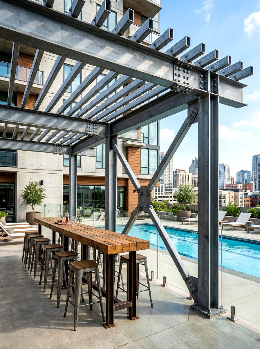 Industrial Steel Pergola - 30 poolside pergola ideas