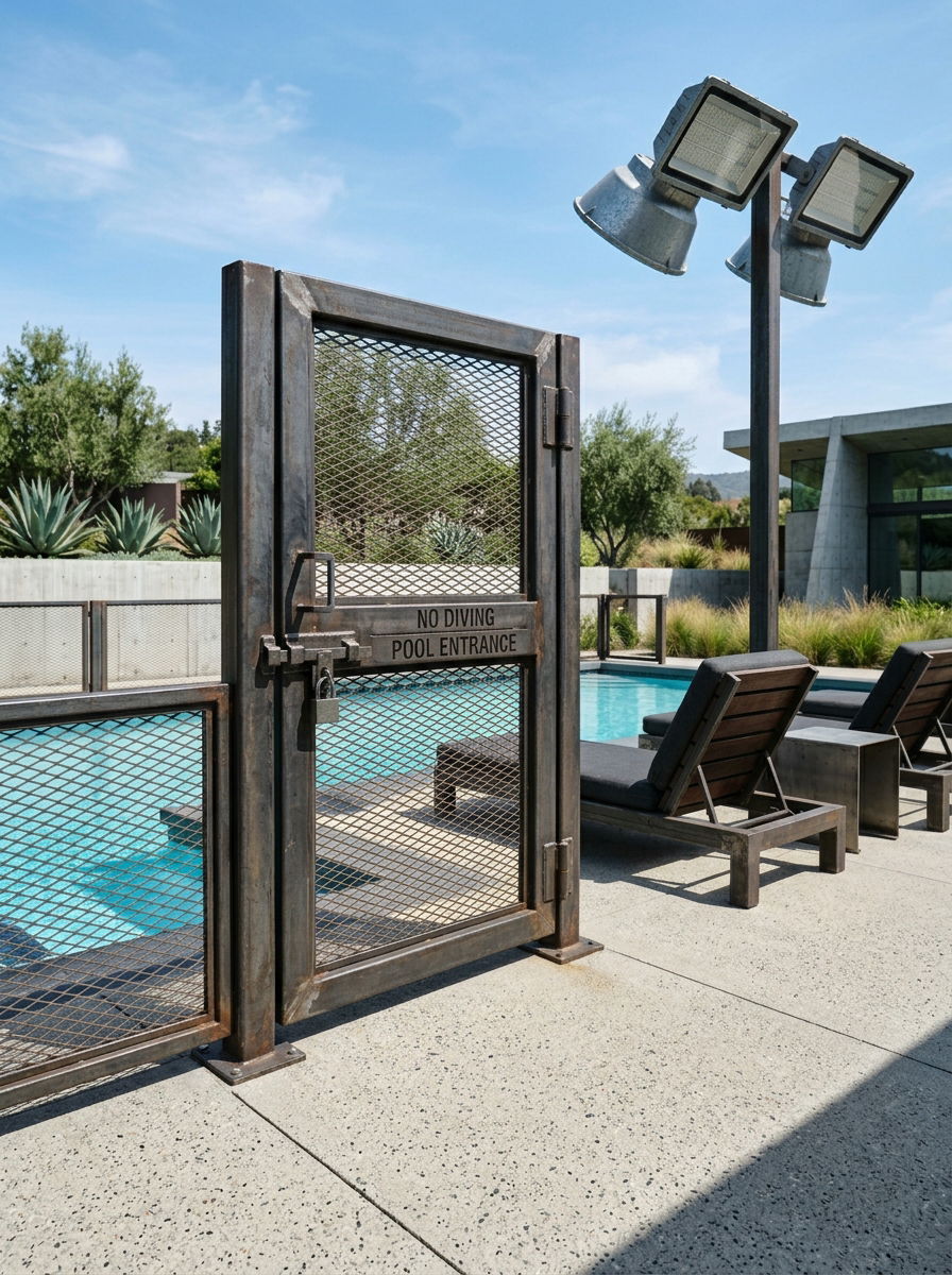 Industrial Steel Pool Gate - 30 pool gate ideas