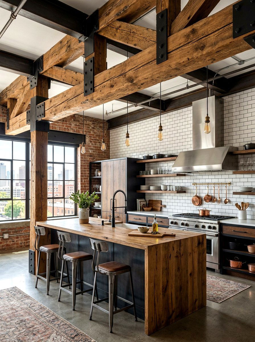 Industrial Steel Wood Beams - 30 rustic beam ceiling ideas