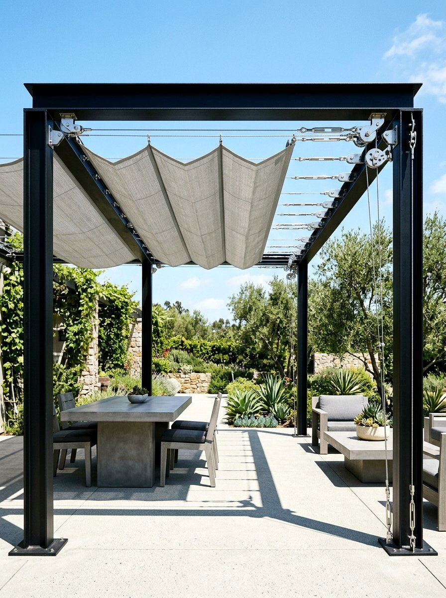 Industrial Style Cable Pulley System - 30 retractable pergola shade ideas
