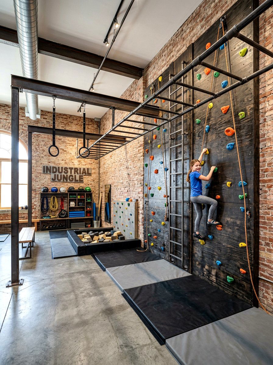 Industrial Style Gym - 30 climbing wall playroom ideas