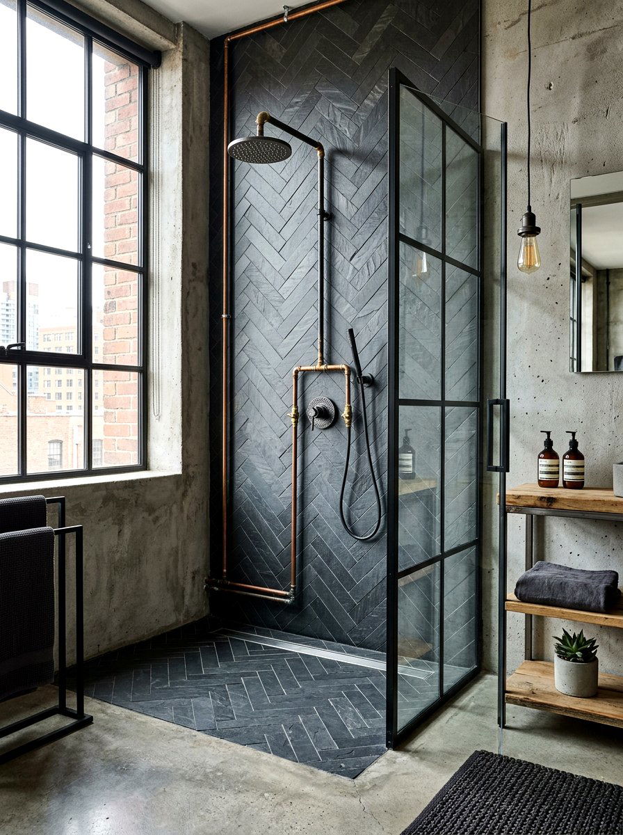 Industrial Style Herringbone Shower - 30 herringbone shower tile ideas