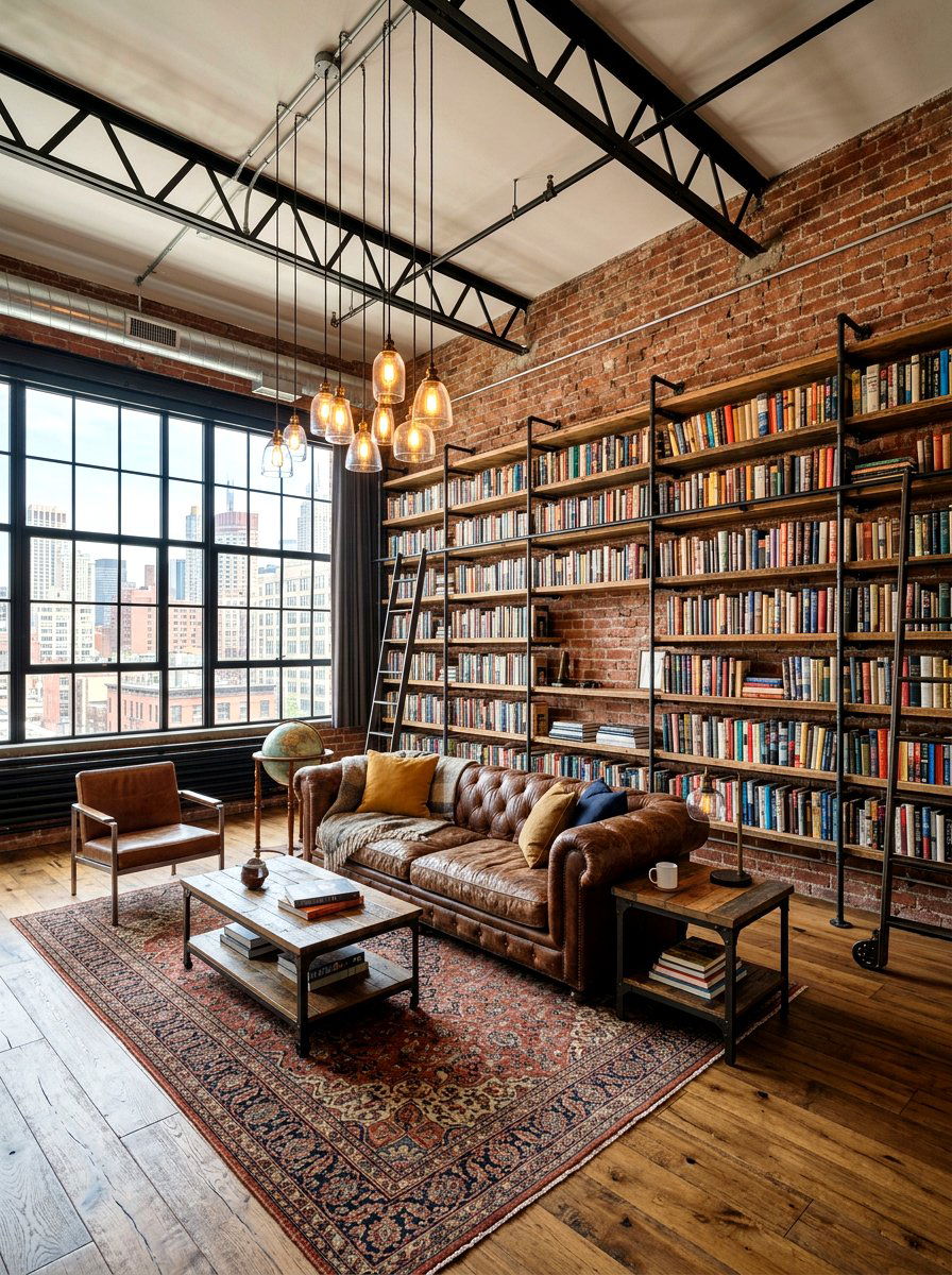 Industrial Style Home Library - 30 reading salon living room ideas