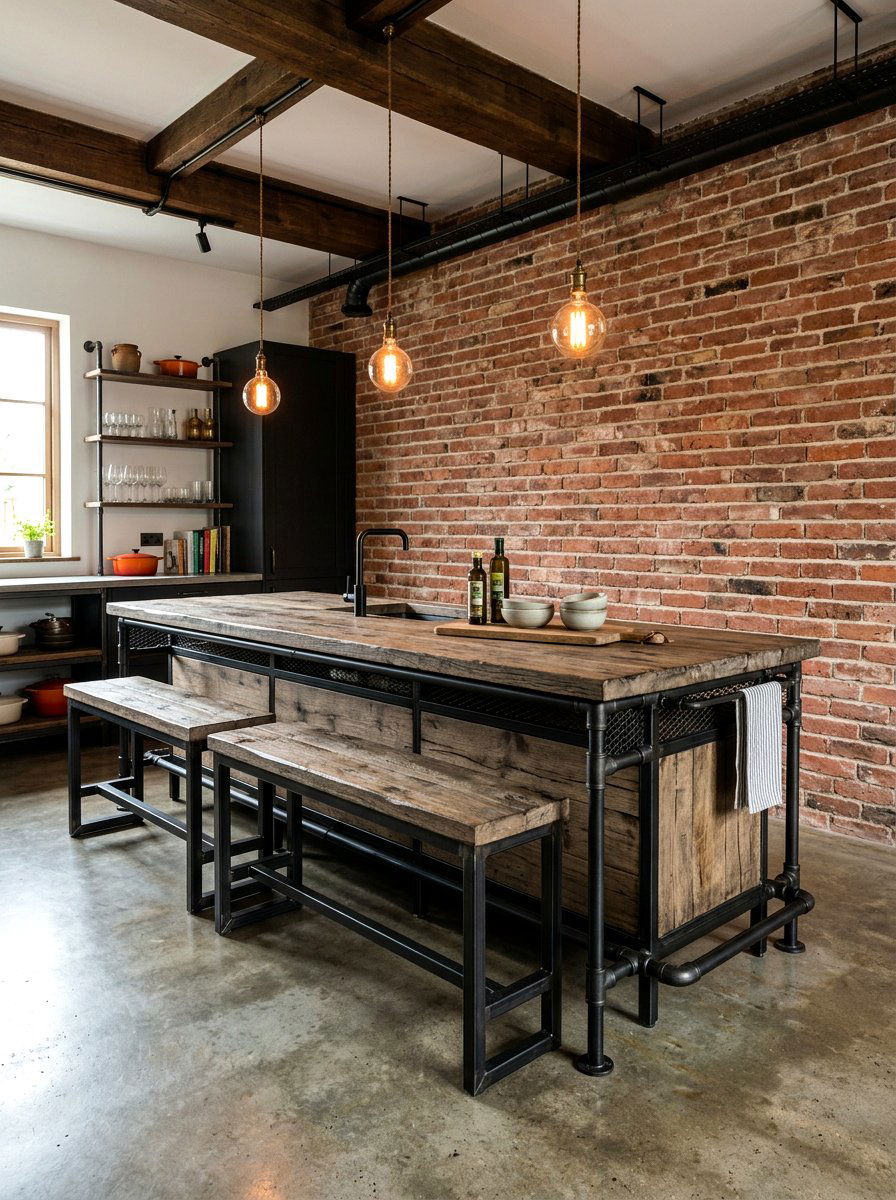 Industrial Style Island Seating - 30 banquette kitchen island ideas