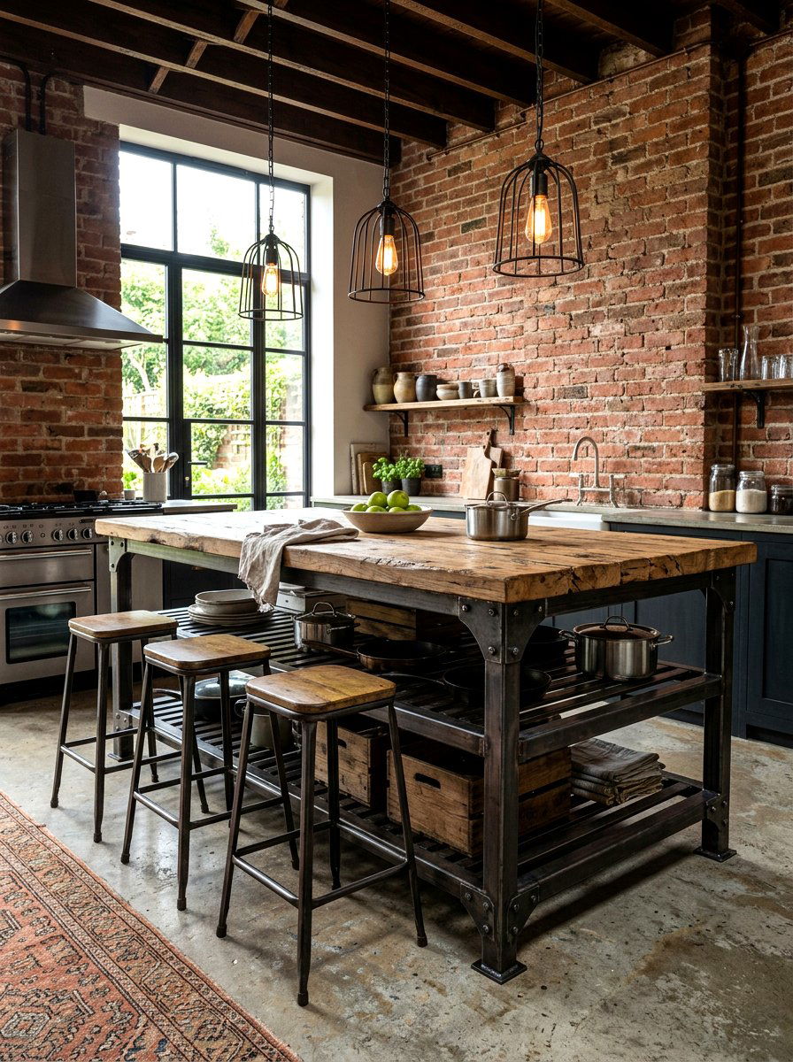 Industrial Style Metal Island - 30 modern farmhouse kitchen island ideas