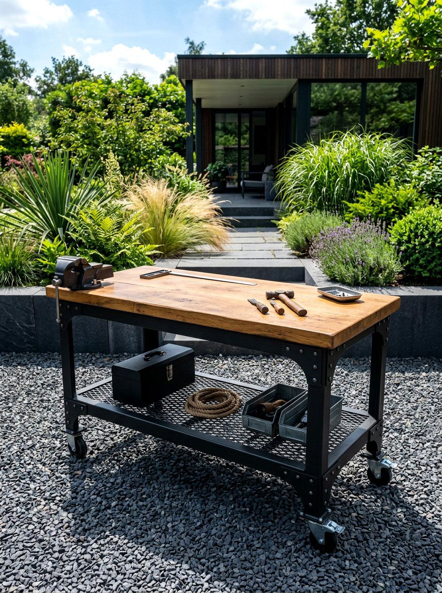 Industrial Style Metal Workbench - 30 garden workstation ideas