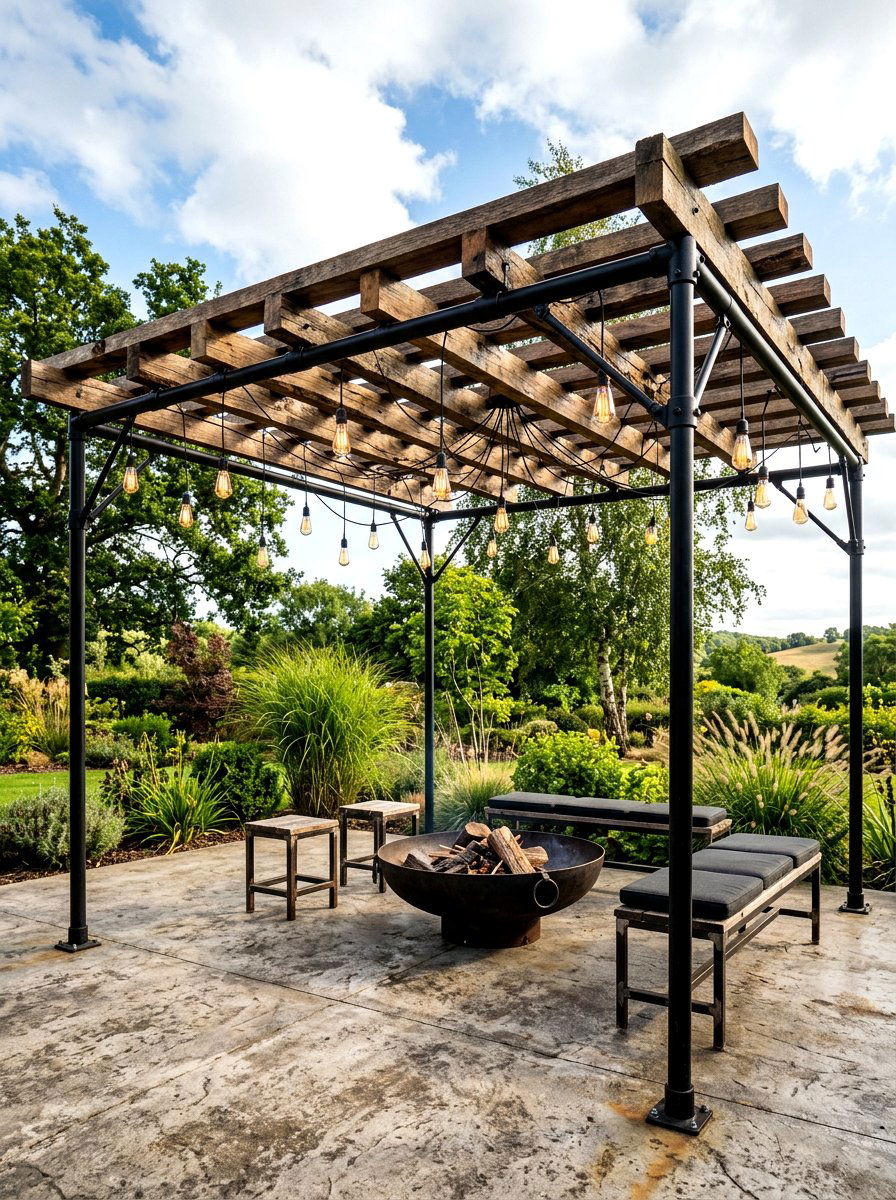 Industrial Style Pergola - 30 fire pit pergola ideas