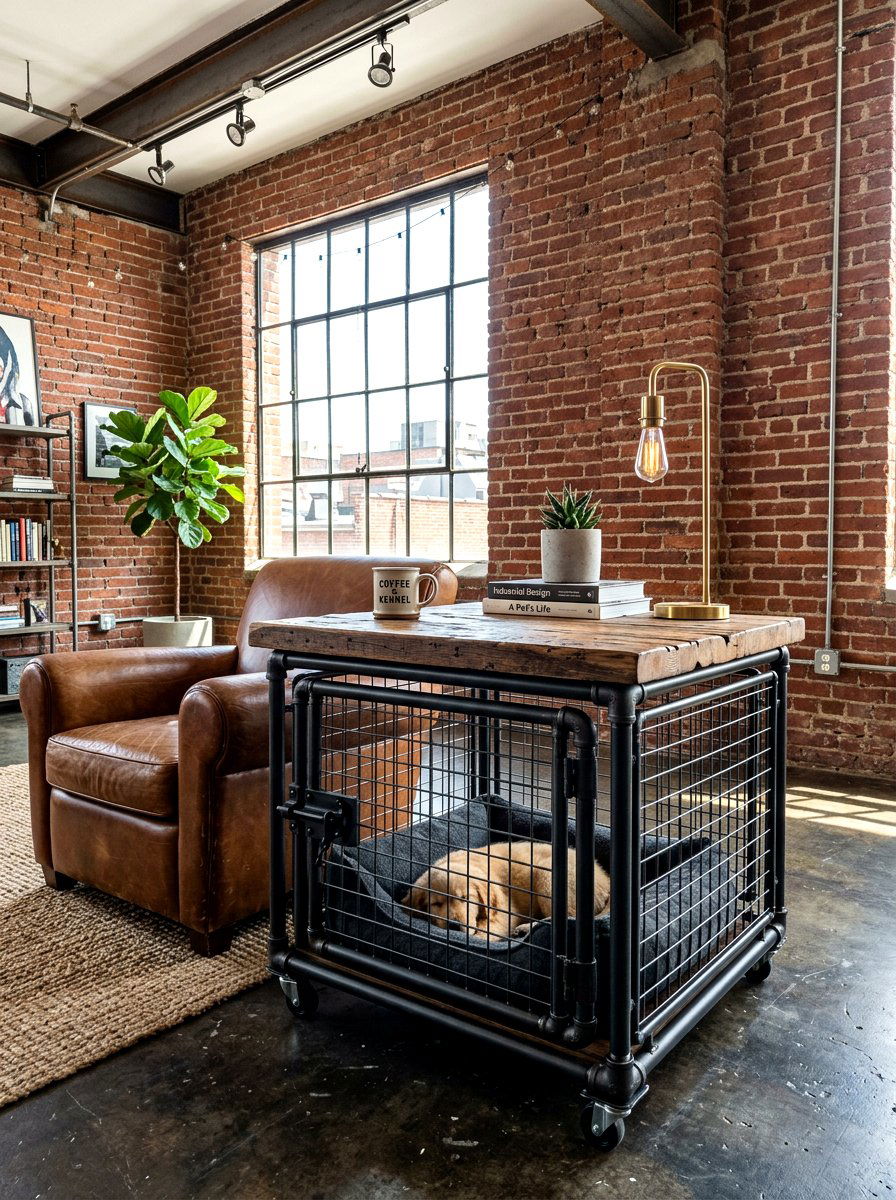 Industrial Style Pet Crate - 30 pet nook living room ideas