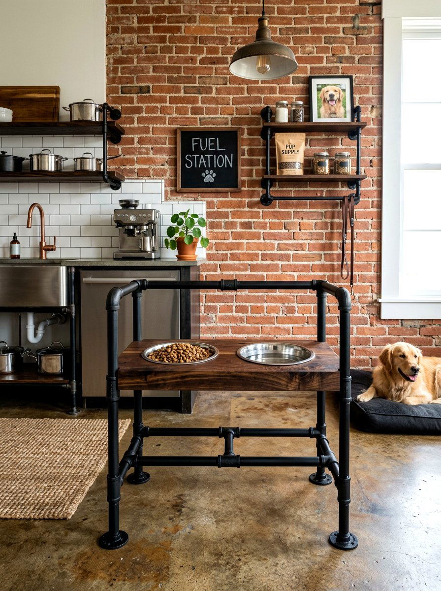 Industrial Style Pipe Pet Station - 30 aesthetic pet station kitchen ideas