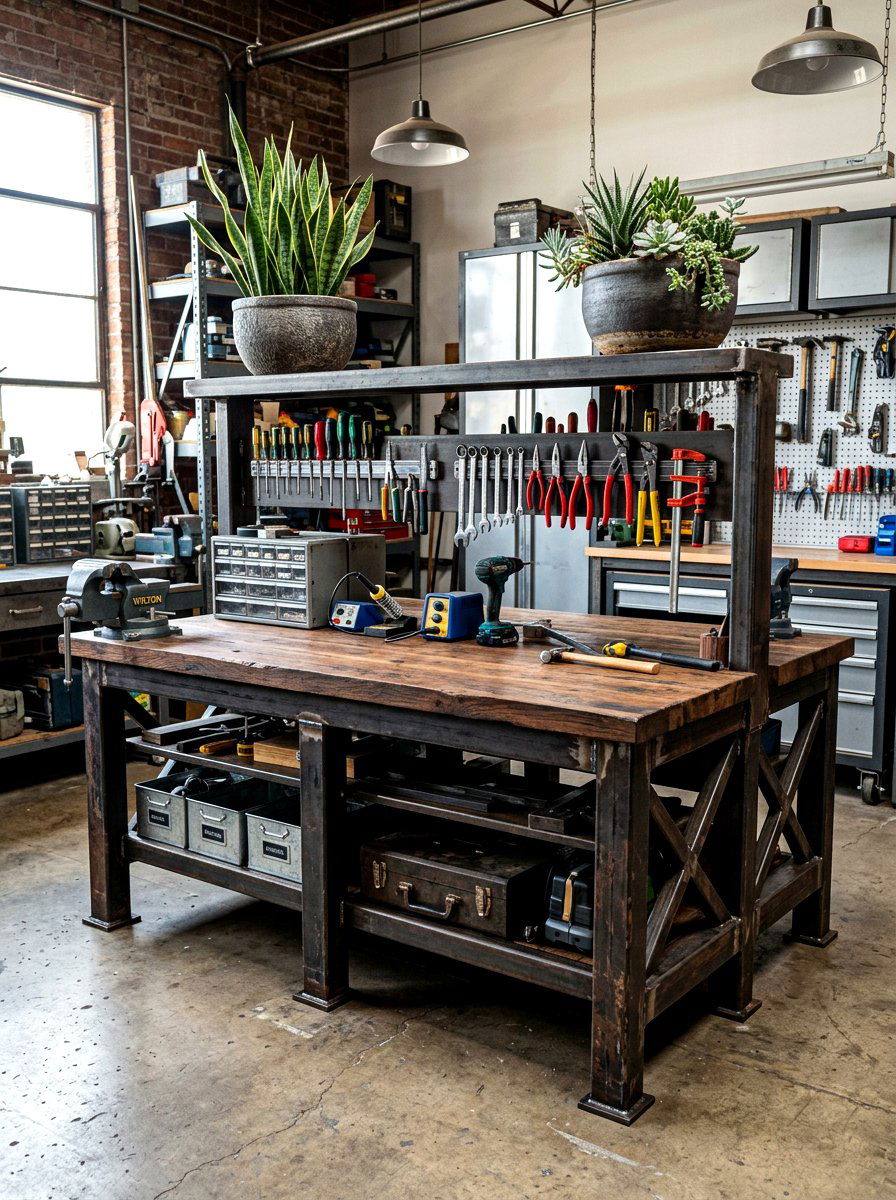Industrial Style Tool Bench - 30 greenhouse storage bench ideas