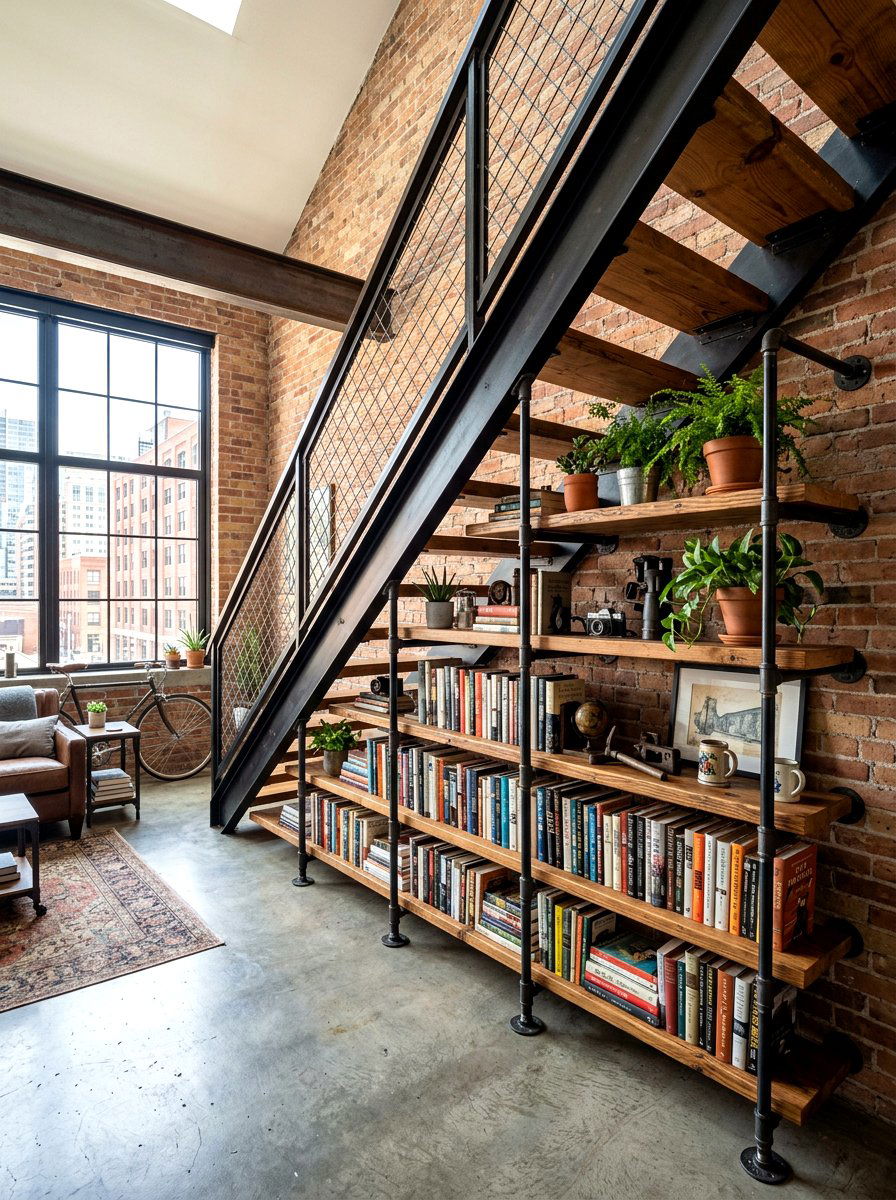Industrial Style Under Stair Pipe Shelves - 30 under staircase bookshelf ideas