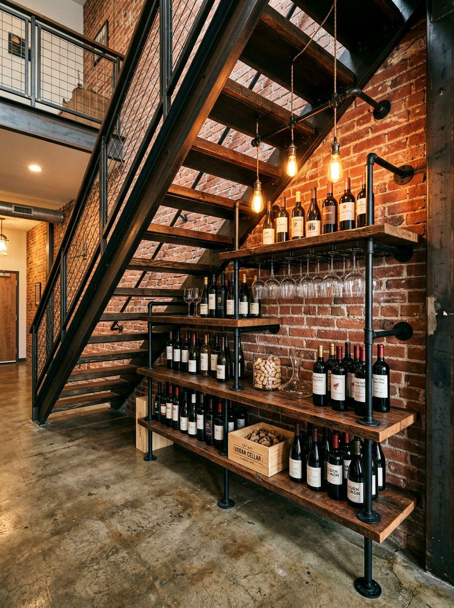Industrial Style Wine Station - 30 under stairs wine nook ideas