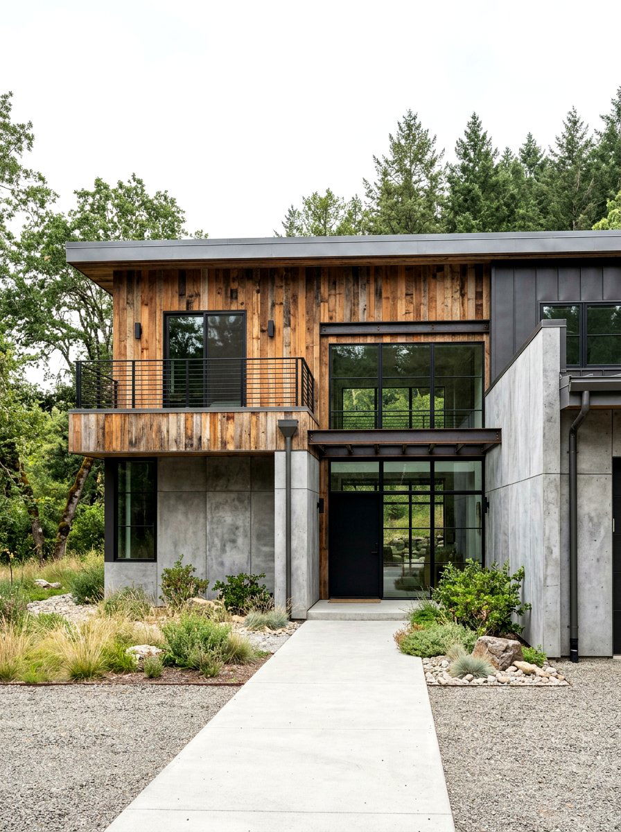 Industrial Style Wood And Concrete Stone - 30 stone and wood exterior ideas